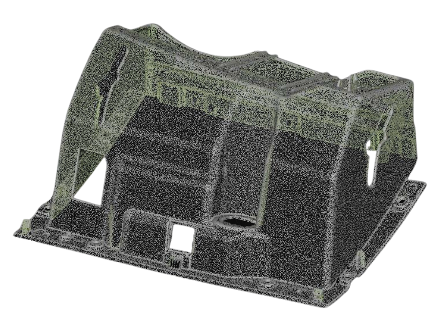 Análise CAE com mesh wireframe sobre peça