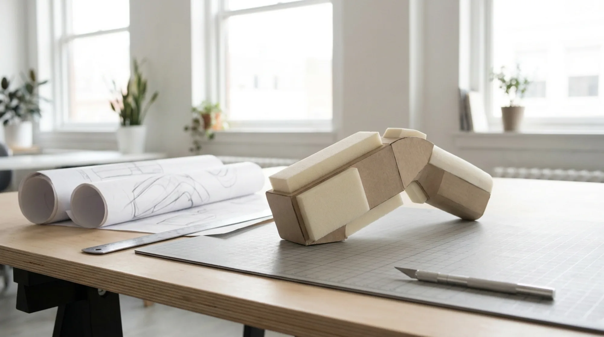 Modelo de estudo em espuma e papelão sobre bancada de design com desenhos e ferramentas