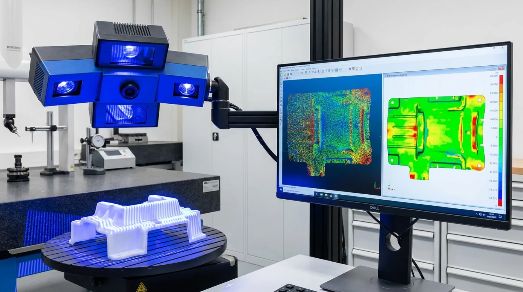 Scanner 3D de luz azul digitalizando peça com mapa de comparação CAD