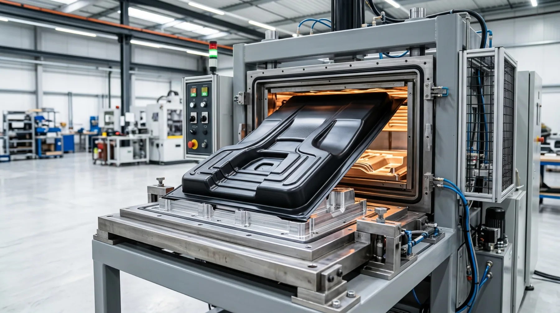 Chapa termoplástica sendo conformada sobre molde em máquina de vacuum forming