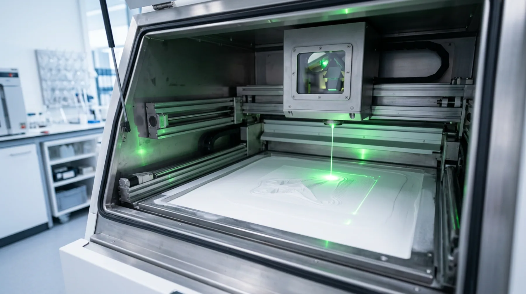 Laser sinterizando pó de nylon camada a camada em máquina SLS